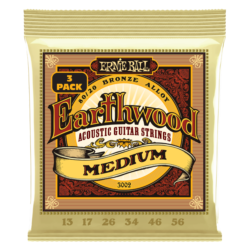 Ernie Ball Earthwood Medium 80/20 Bronze Acoustic Guitar Strings 3-Pack 13-56
