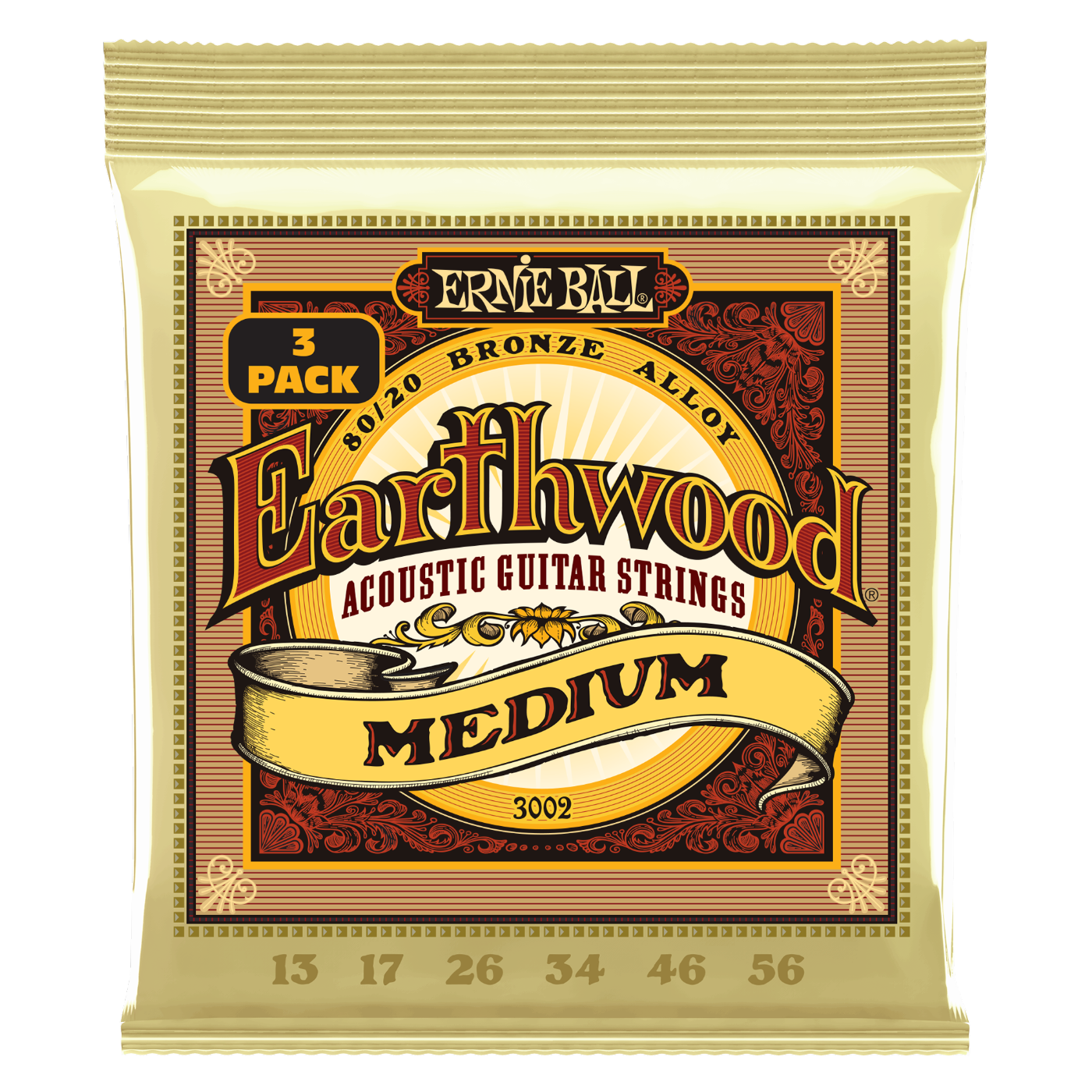 Ernie Ball Earthwood Medium 80/20 Bronze Acoustic Guitar Strings 3-Pack 13-56