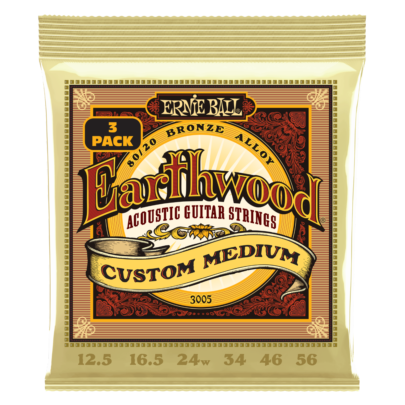 Ernie Ball Earthwood Custom Medium 80/20 Bronze Acoustic Guitar Strings 3-Pack 12.5-56