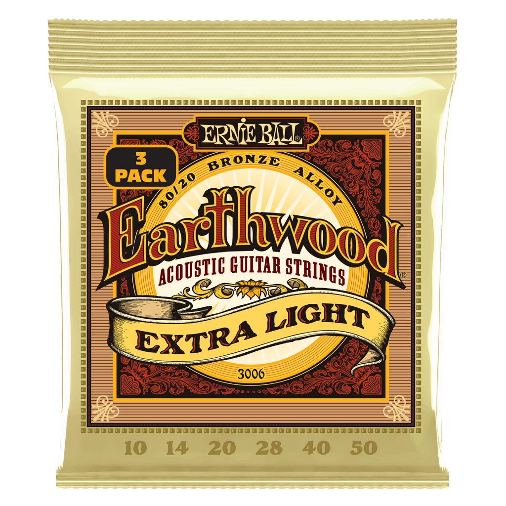 Ernie Ball Earthwood Extra Light 80/20 Bronze Acoustic Guitar Strings 3-Pack 10-50