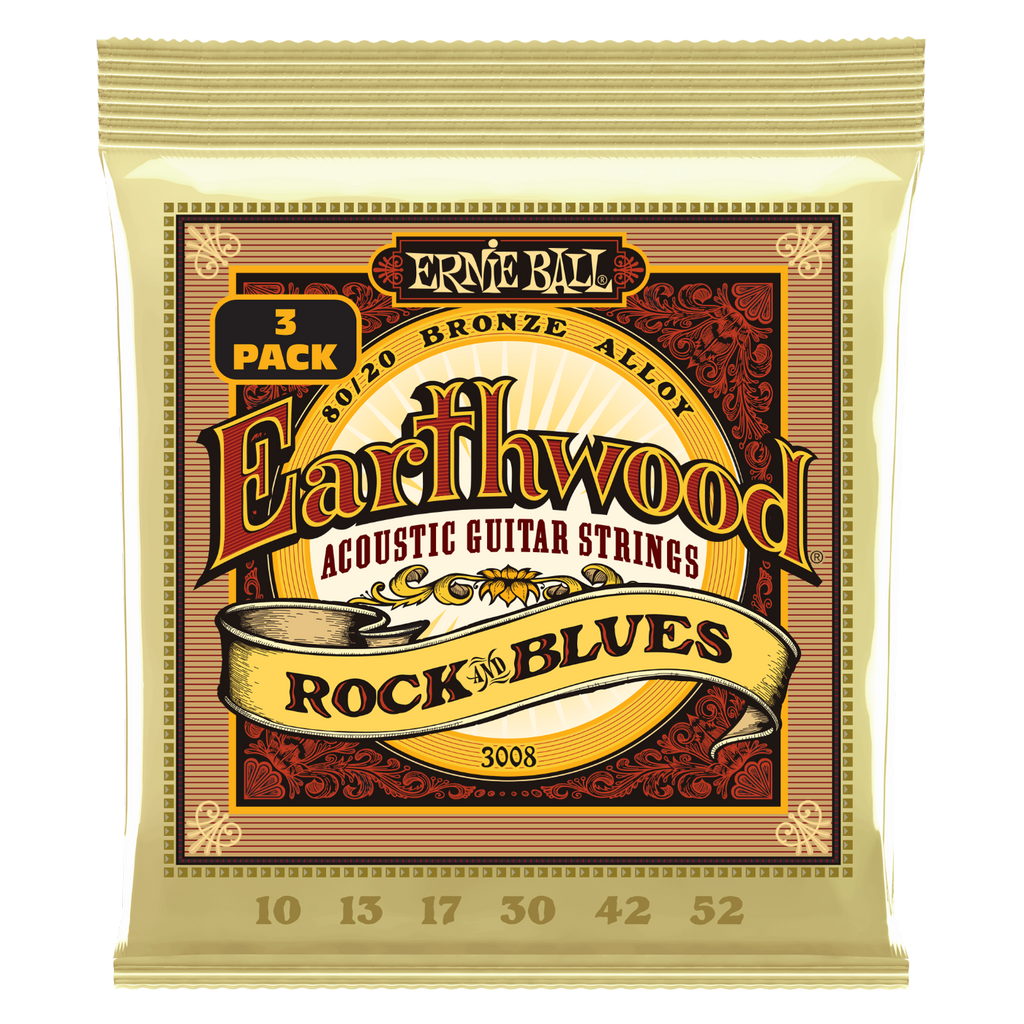 Ernie Ball Earthwood Rock and Blues with Plain G 80/20 Bronze Acoustic Guitar Strings 3-Pack 10-52
