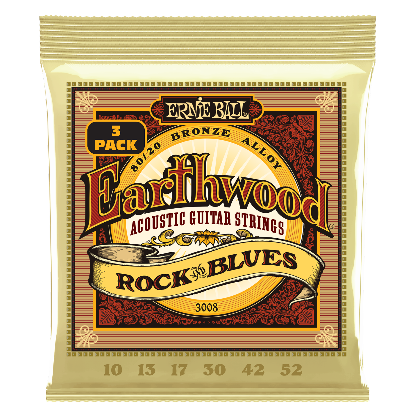 Ernie Ball Earthwood Rock and Blues with Plain G 80/20 Bronze Acoustic Guitar Strings 3-Pack 10-52