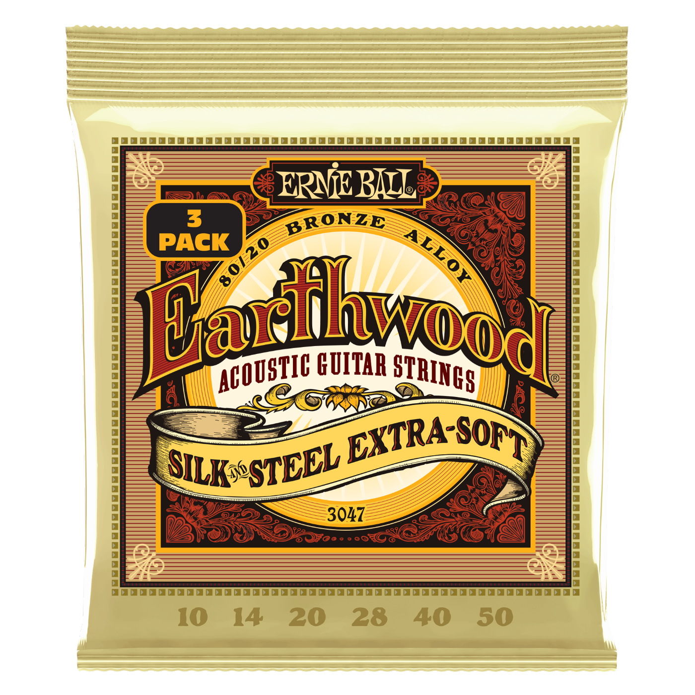 Ernie Ball Earthwood Silk and Soft Extra Soft Acoustic Guitar Strings 3-Pack 10-50