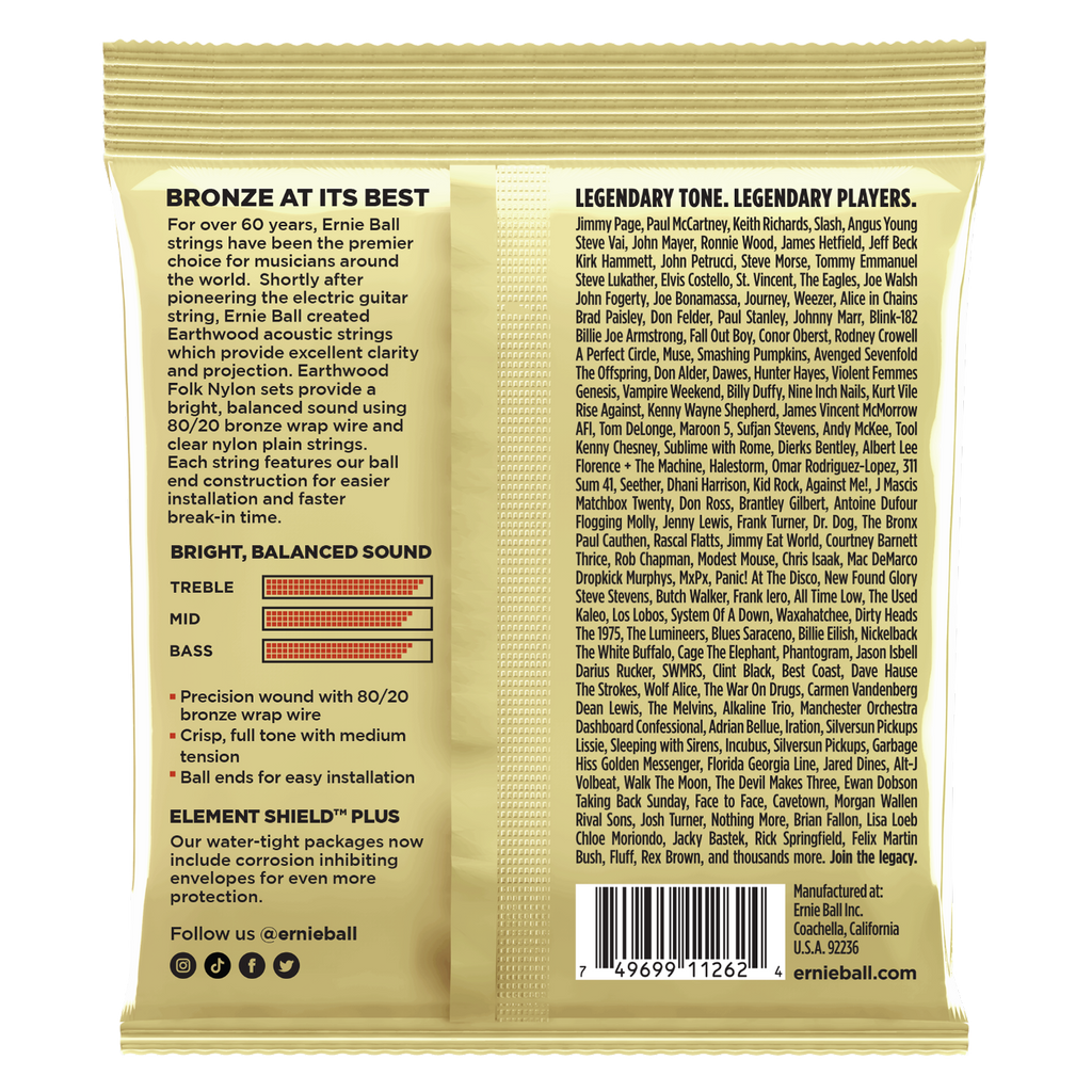 Ernie Ball Earthwood Nylon Classic Ball End 80/20 Bronze Acoustic Guitar Strings 3-Pack 28-42