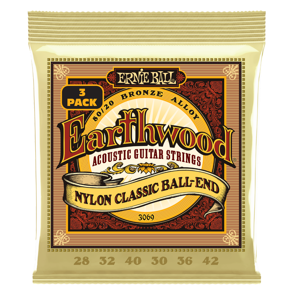 Ernie Ball Earthwood Nylon Classic Ball End 80/20 Bronze Acoustic Guitar Strings 3-Pack 28-42