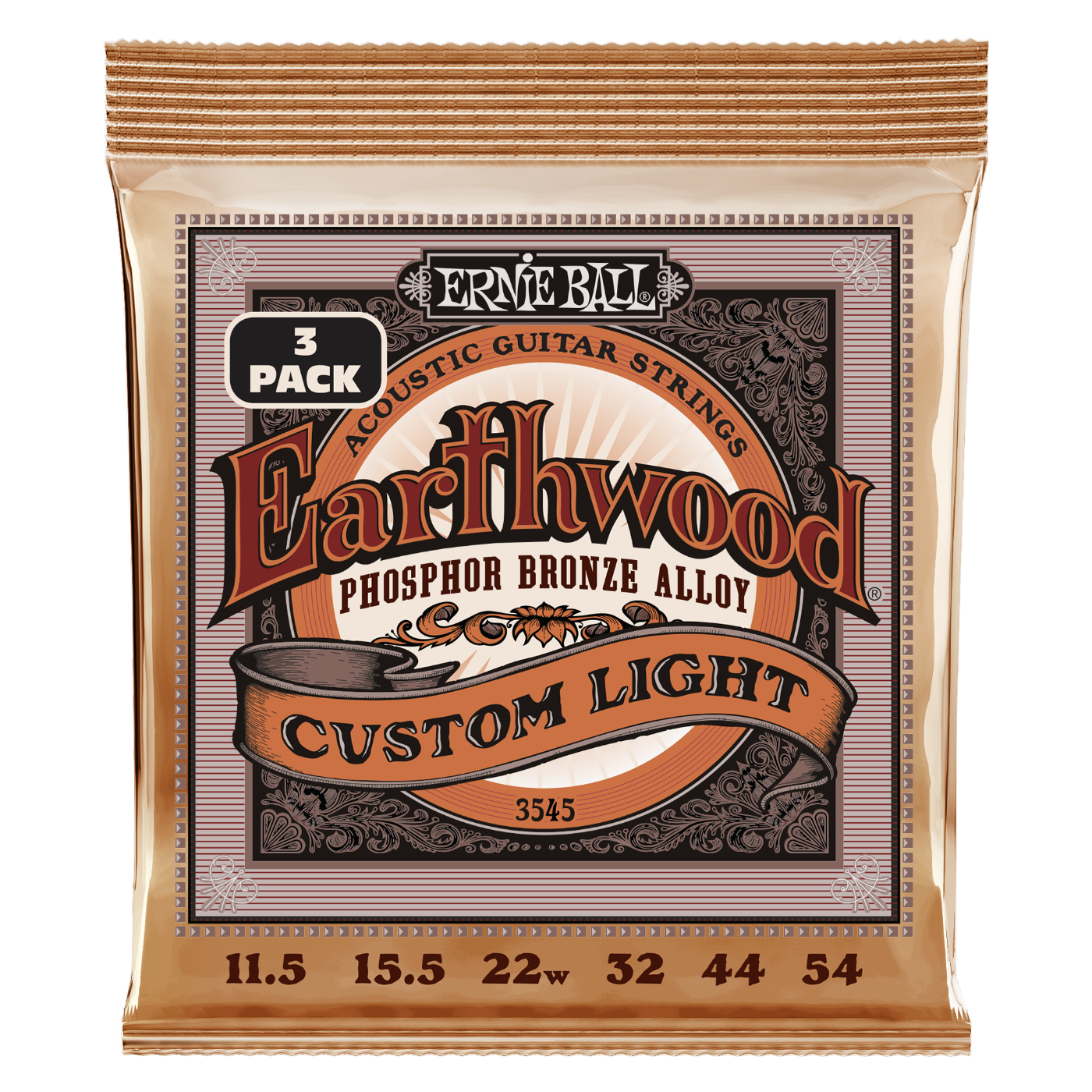 Ernie Ball Earthwood Custom Light Phosphor Bronze Acoustic Guitar Strings 3-Pack 11.5-54