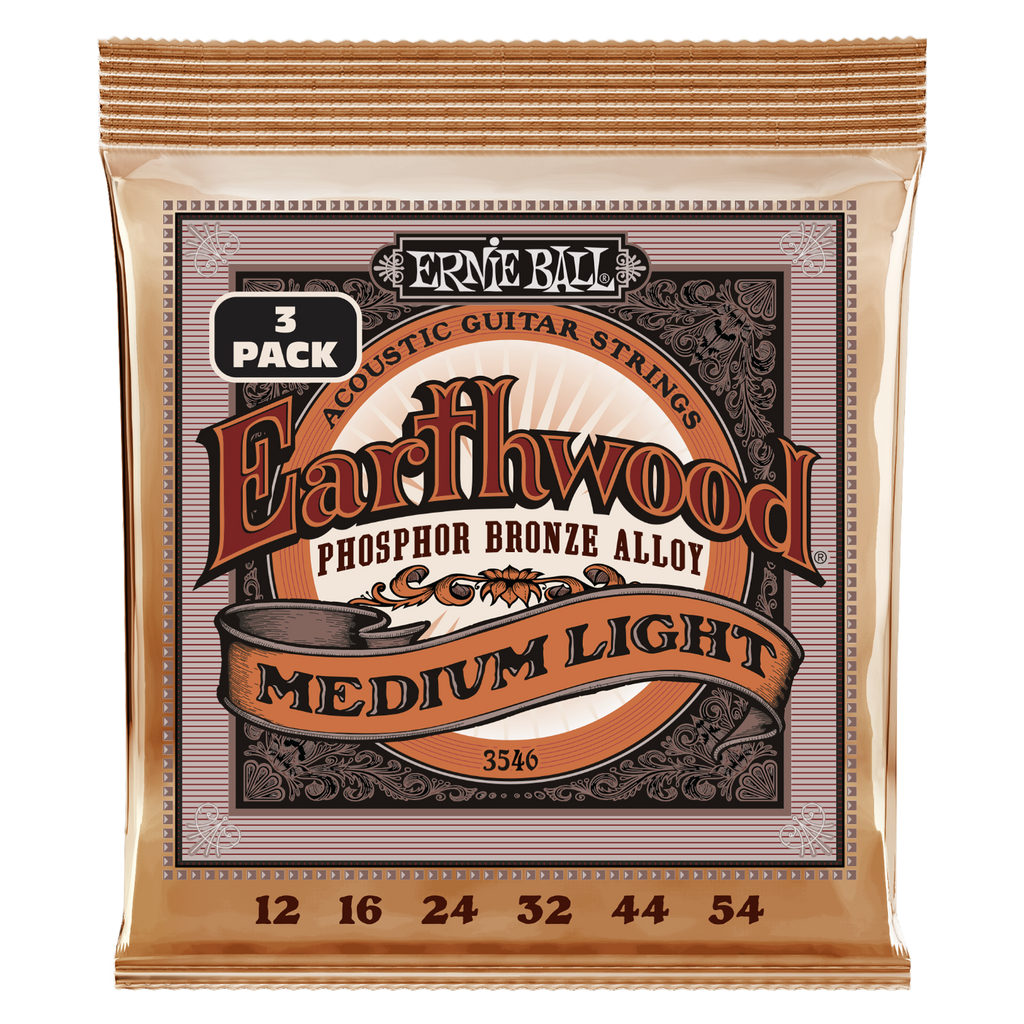 Ernie Ball Earthwood Medium Light Phosphor Bronze Acoustic Guitar Strings 3-Pack 12-54