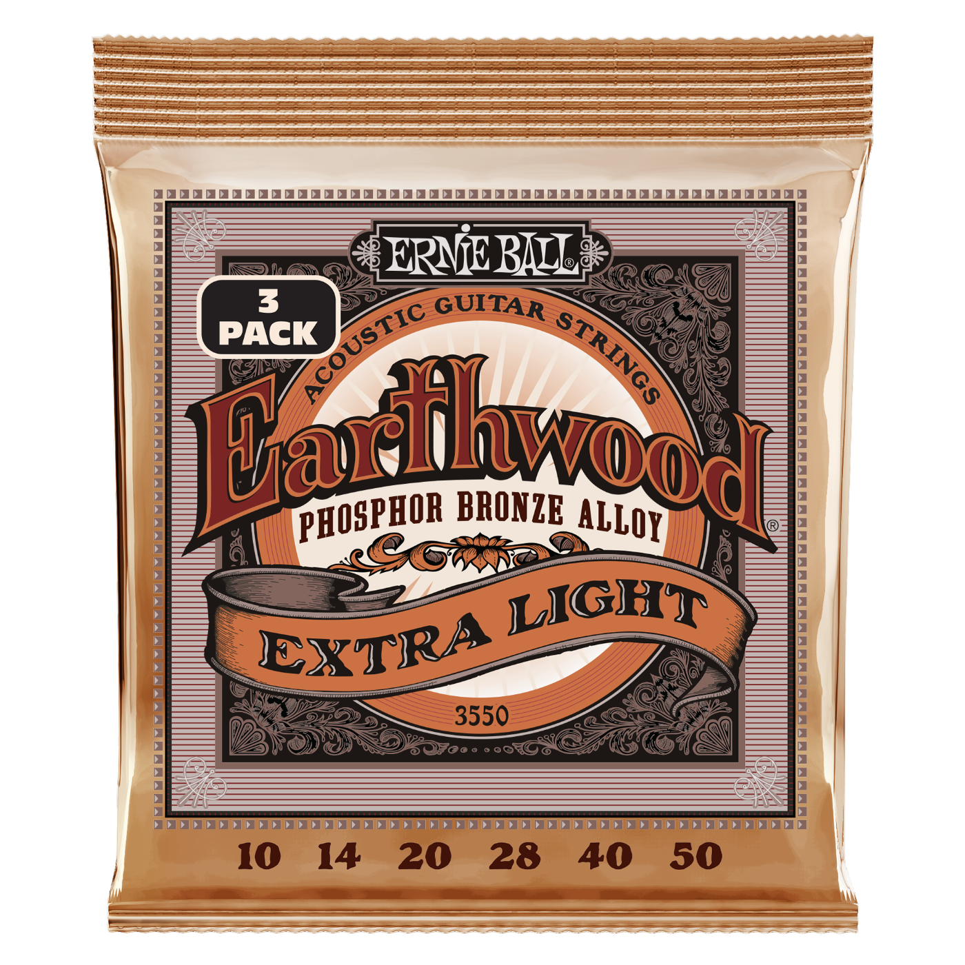 Ernie Ball Earthwood Extra Light Phosphor Bronze Acoustic Guitar Strings 3-Pack 10-50