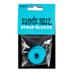 Set of four blue Ernie Ball guitar strap blocks, guitar accessory used to secure and adjust guitar straps.