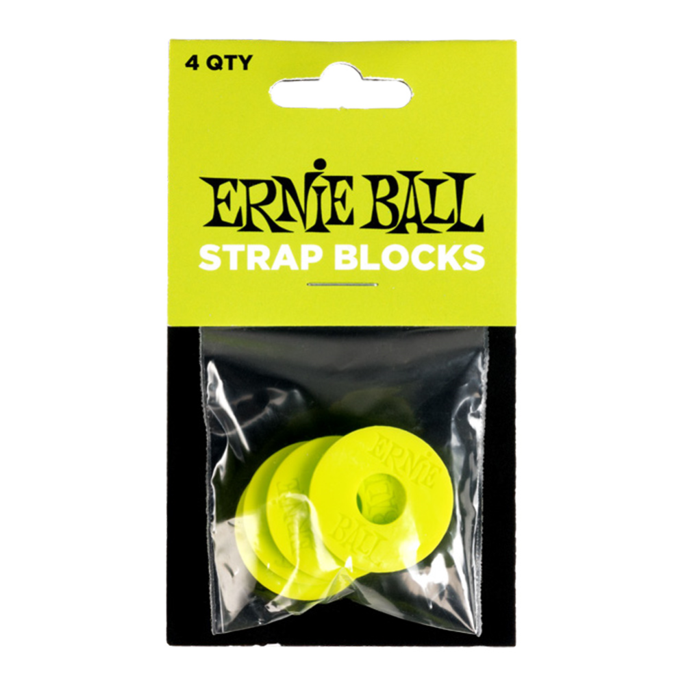 Set of four Ernie Ball green guitar strap blocks, guitar accessories for secure strap adjustment and stability during play.