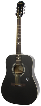 Epiphone DR-100 ebony acoustic guitar, full body view showcasing the wood finish and classic design, ideal for beginner and intermediate players.