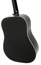 Epiphone DR-100 ebony acoustic guitar with a natural wood finish, showing the body, fretboard, and strings.