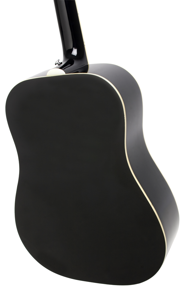 Epiphone DR-100 ebony acoustic guitar with a natural wood finish, showing the body, fretboard, and strings.