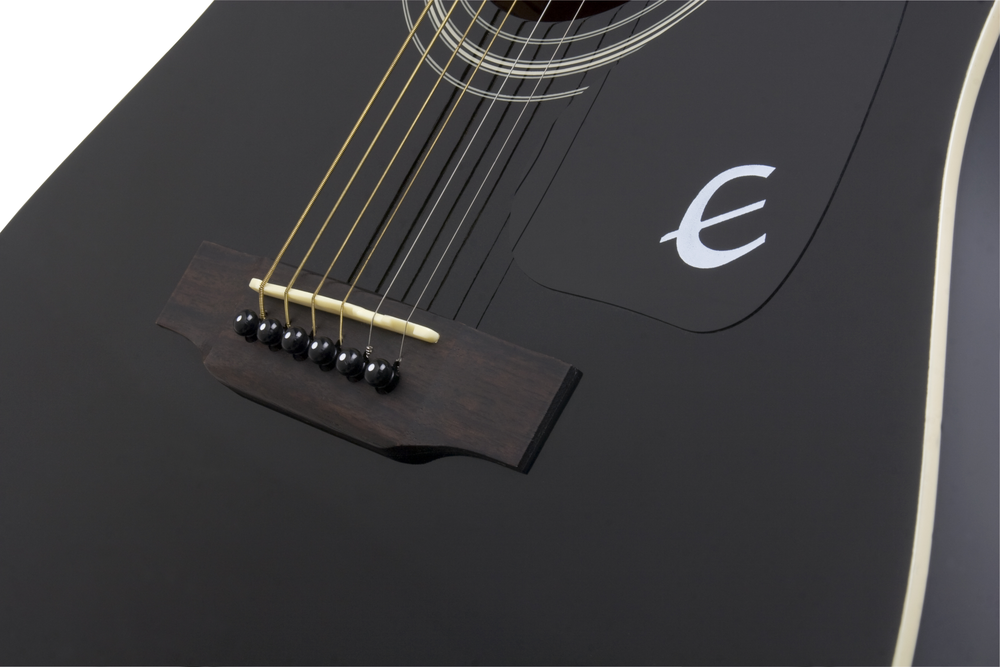Epiphone DR-100 acoustic guitar in ebony finish, featuring a natural wood body and steel strings, shown against a plain background.