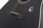 Epiphone DR-100 acoustic guitar in ebony finish, featuring a natural wood body and steel strings, shown against a plain background.