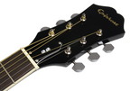 Epiphone DR-100 ebony acoustic guitar with a natural wood finish, six strings, and a classic dreadnought body shape.