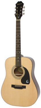Epiphone DR100 acoustic guitar in natural finish, showing the full body and fretboard, ideal for beginners and acoustic music.