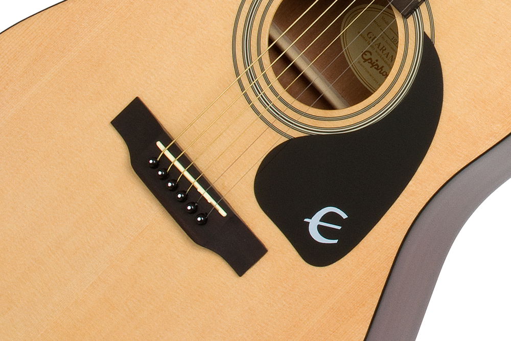 Epiphone DR100 acoustic guitar in natural finish with wooden body, steel strings, and classic design, ideal for beginners and players.