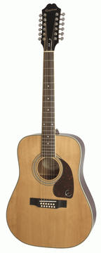 Epiphone DR-212 12-string acoustic guitar in natural wood finish, showing the full body and neck with detailed fretboard.