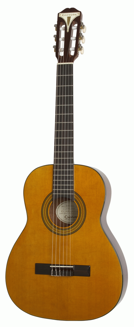 Epiphone Pro-1 3/4 size classical guitar in antique natural finish, showcasing the wooden body, nylon strings, and detailed craftsmanship.