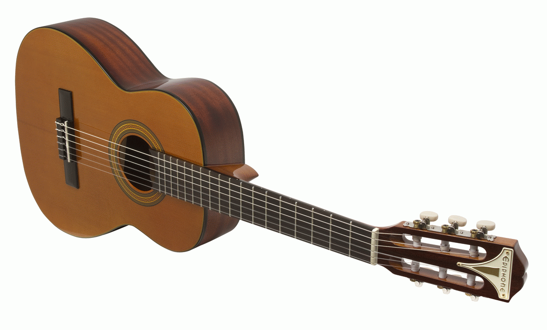 Epiphone Pro-1 3/4 size classical guitar in antique natural finish with nylon strings and traditional tuning pegs.