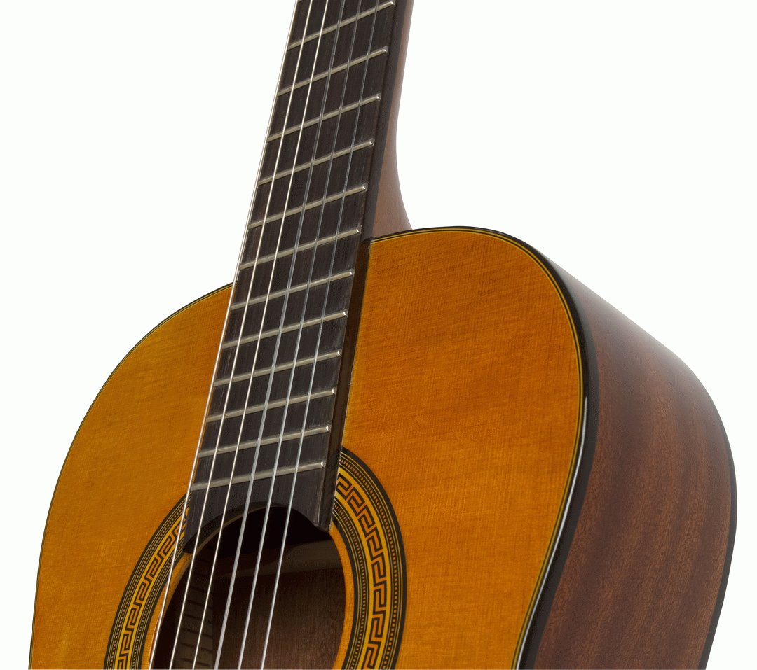 Epiphone Pro-1 3/4 size classical guitar in antique natural finish, showing the body, neck, and strings of the guitar.