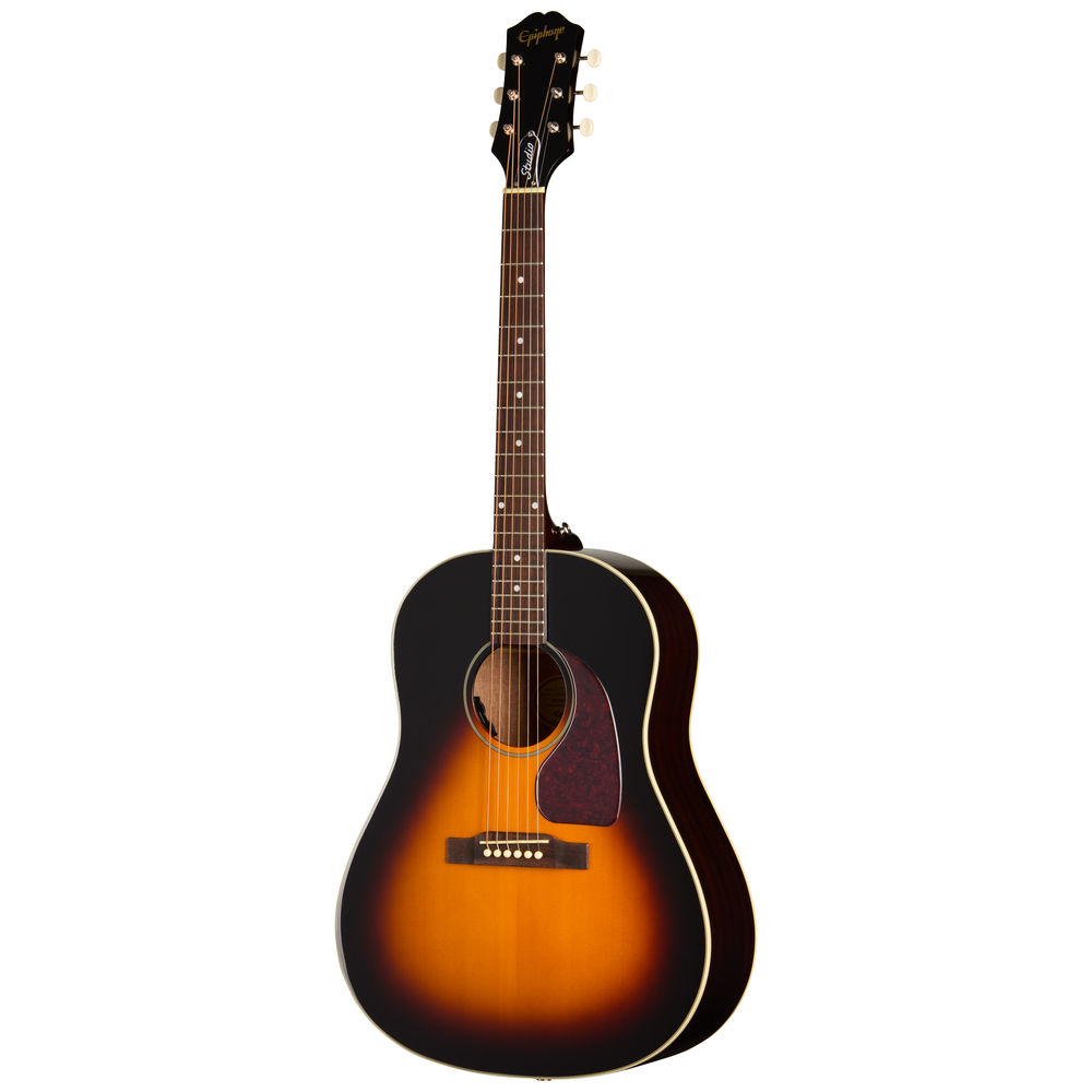 Epiphone J45 Studio acoustic guitar in vintage sunburst finish, showcasing its body, soundhole, and neck details.