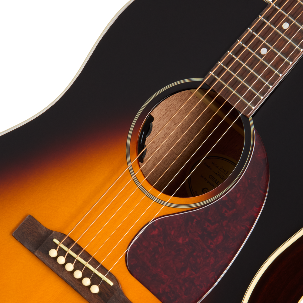 Epiphone J45 Studio acoustic guitar in vintage sunburst finish, featuring a spruce top and mahogany back and sides.