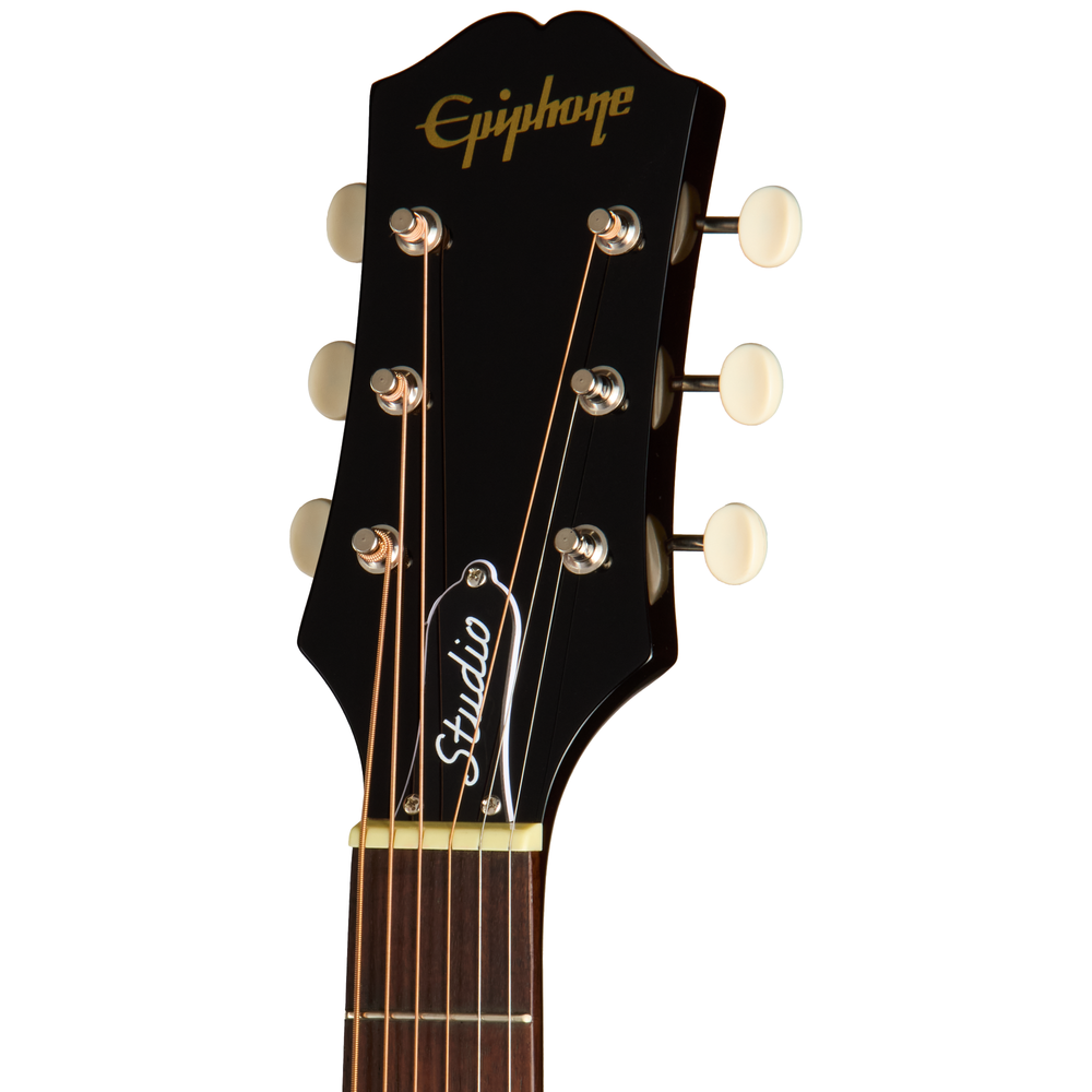 Epiphone J45 Studio acoustic guitar in vintage sunburst finish, showcasing its body, neck, and soundhole details.