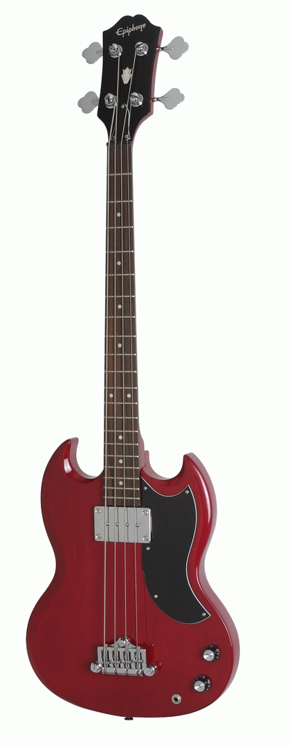 Epiphone EB-0 SG 4-string bass guitar in cherry finish, showing the body, neck, and headstock with control knobs.