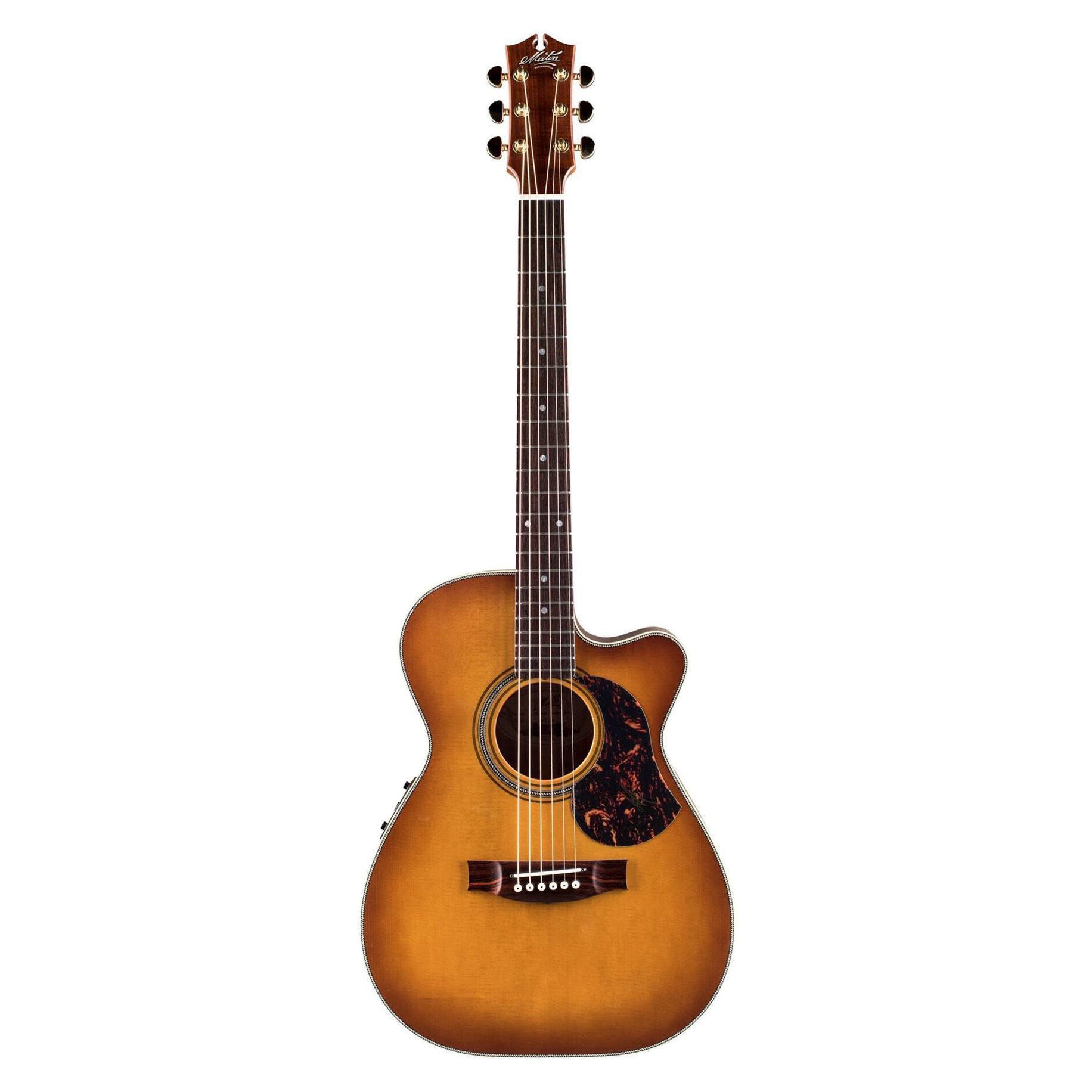 Maton EBG808C Nashville acoustic electric guitar with cutaway, showing the body, fretboard, and control panel on stage.