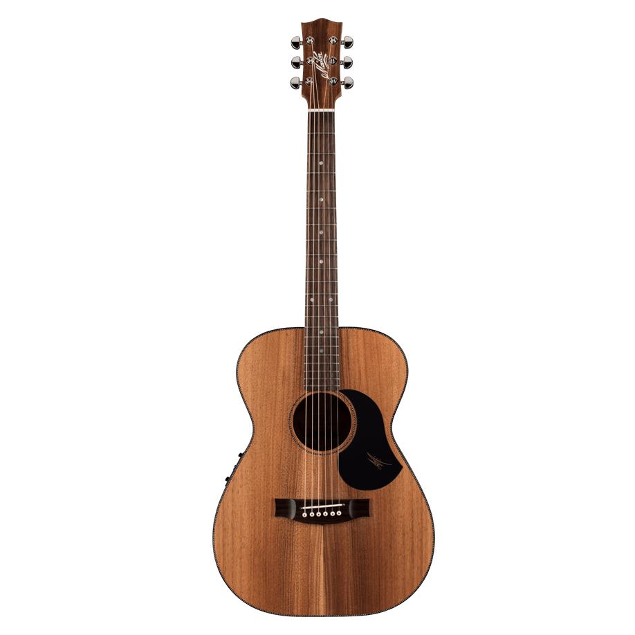 Maton EBW808 Blackwood acoustic-electric guitar with a natural wood finish and cutaway body, showing detailed wood grain and hardware.