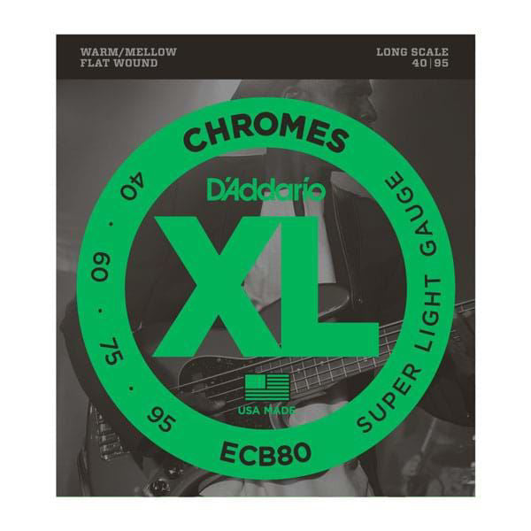 D'Addario ECB80 bass guitar strings set with 40-95 flatwound Chromees, featuring silver-plated steel winding for smooth sound.