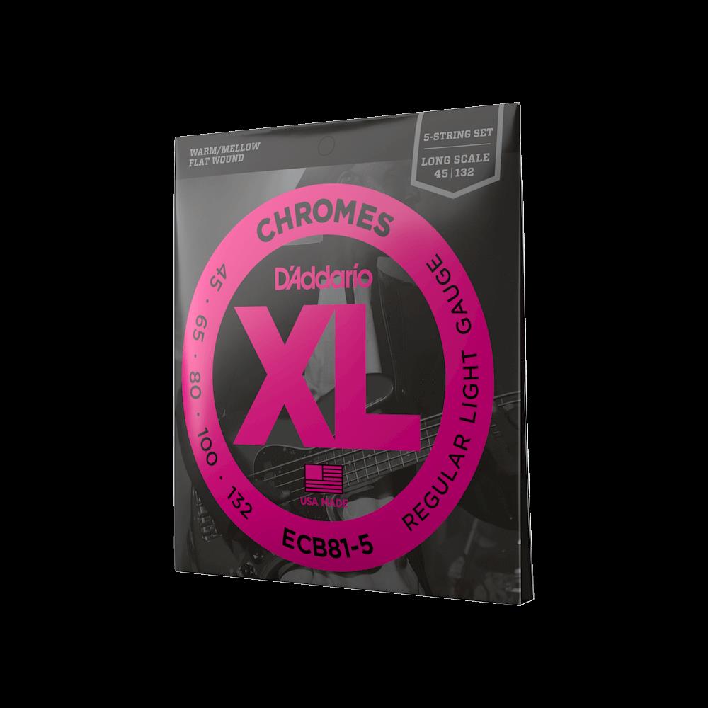 D'Addario ECB81-5 45-132 Light Chromes 5-string bass guitar strings showing the set of five strings in the image.