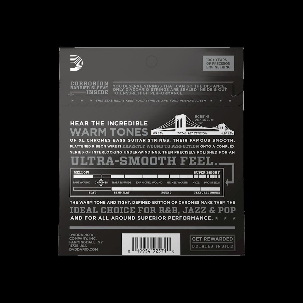 D'Addario ECB81-5 45-132 light chromes 5-string bass guitar strings laid out on a white background