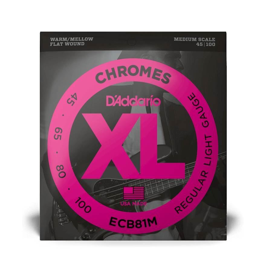 D'Addario ECB81M light medium scale chromes bass guitar strings shown on the package, designed for bass players.