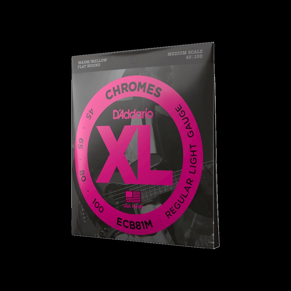 D'Addario ECB81M Light Medium Scale Chromes Bass Guitar Strings, set of four, with metal winding and black wrapping.