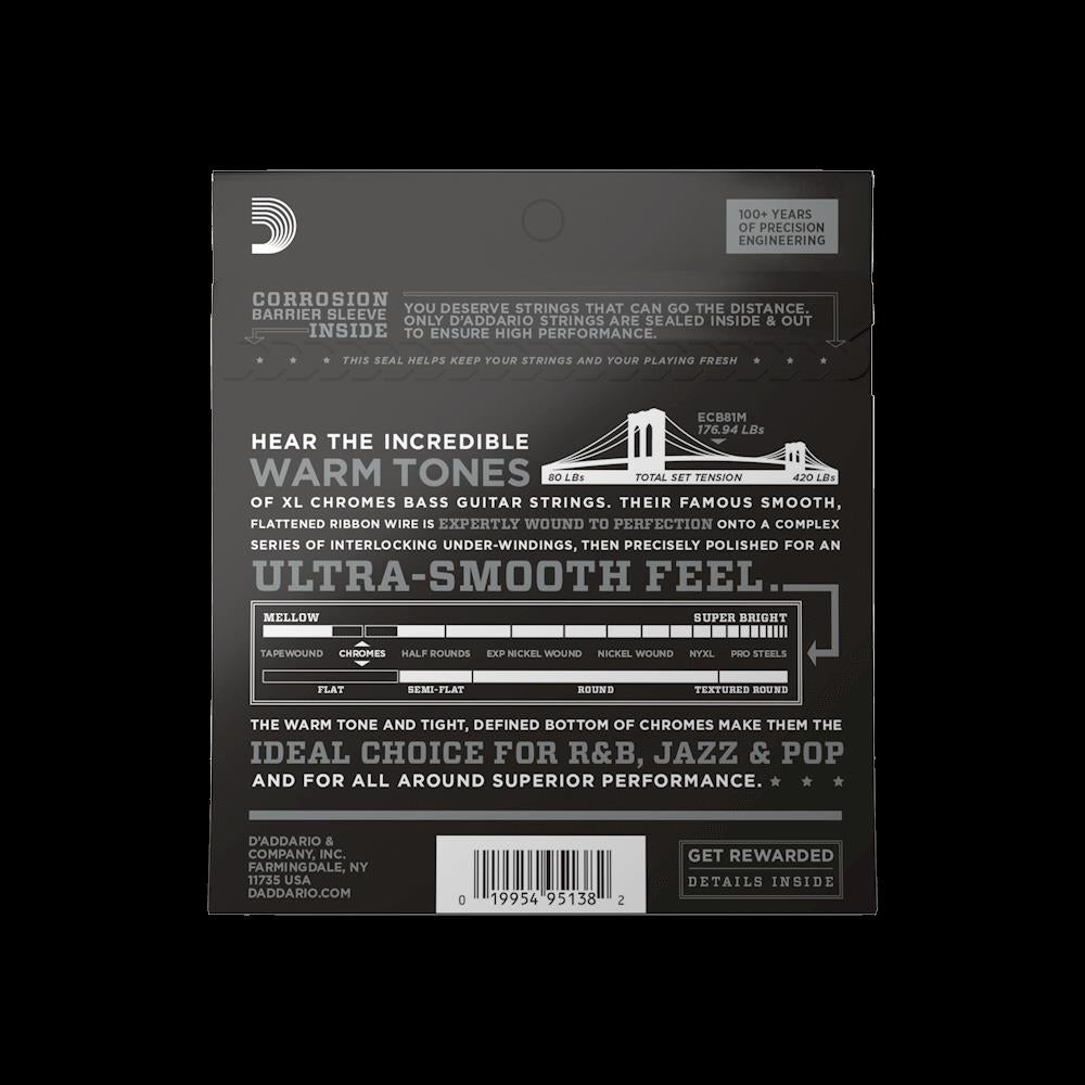 D'Addario ECB81M Light Medium Scale Chromes bass guitar strings laid out on a surface.