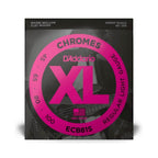 D'Addario ECB81S light short scale chromes bass guitar strings with 45-100 gauge, shown on a bass guitar.