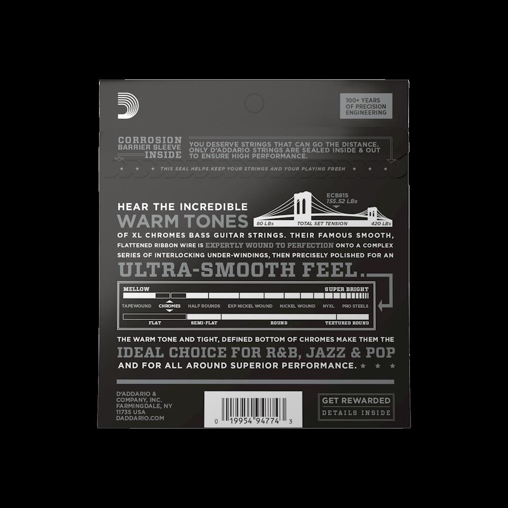 D'Addario ECB81S light short scale chromes bass guitar strings, 45-100 gauge, shown on a bass guitar.