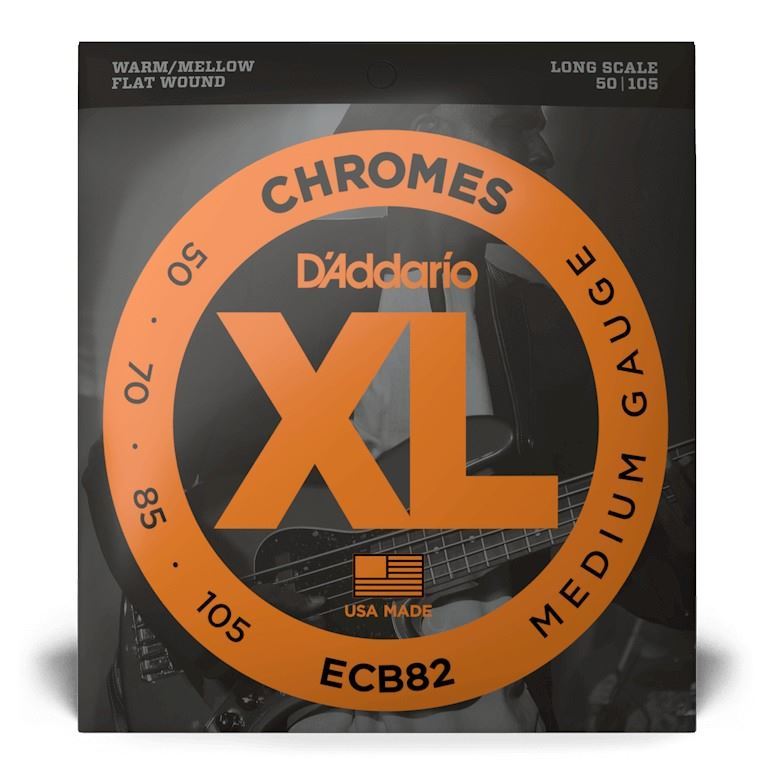 D'Addario ECB82 medium gauge chromes bass guitar strings, 50-105, showing the packaged set with visible branding and string details.