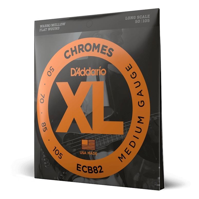 D'Addario ECB82 Medium Chromes bass guitar strings set with 50-105 gauge, shown on packaging.