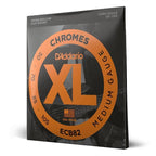 D'Addario ECB82 Medium Chromes bass guitar strings set with 50-105 gauge, shown on packaging.