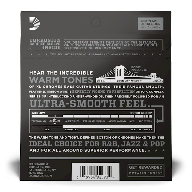 D'Addario ECB82 medium chromes bass guitar strings with 50-105 gauge, shown on a bass guitar.