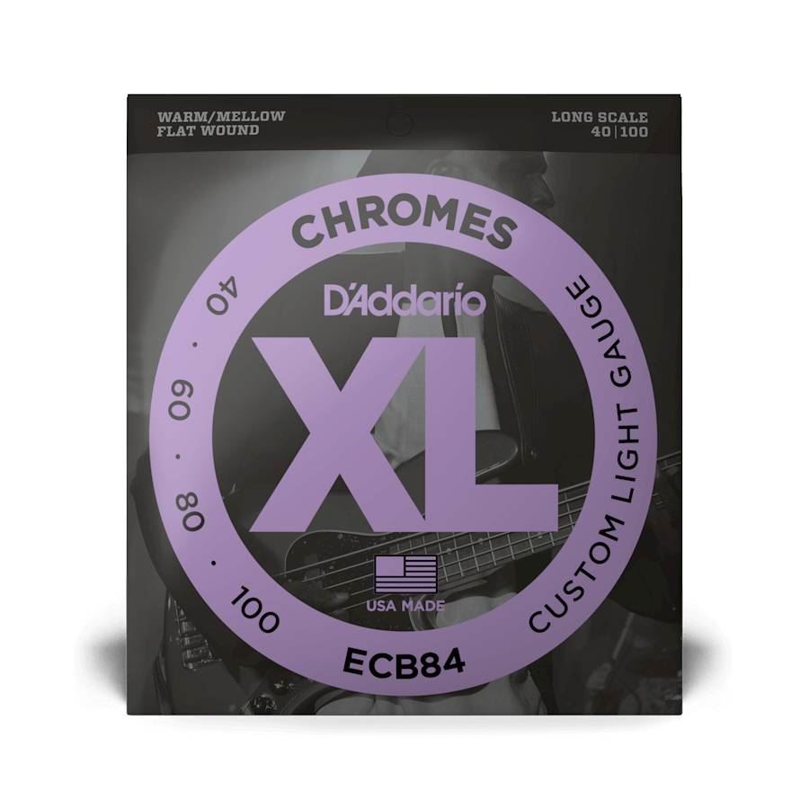 D'Addario ECB84 Custom Light Chromes bass guitar strings set with 40-100 gauge on a bass guitar.