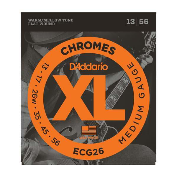 D'Addario ECG26 electric guitar strings 13-56 Chromes flat wound medium, showing the packaged flat wound strings for electric guitars.