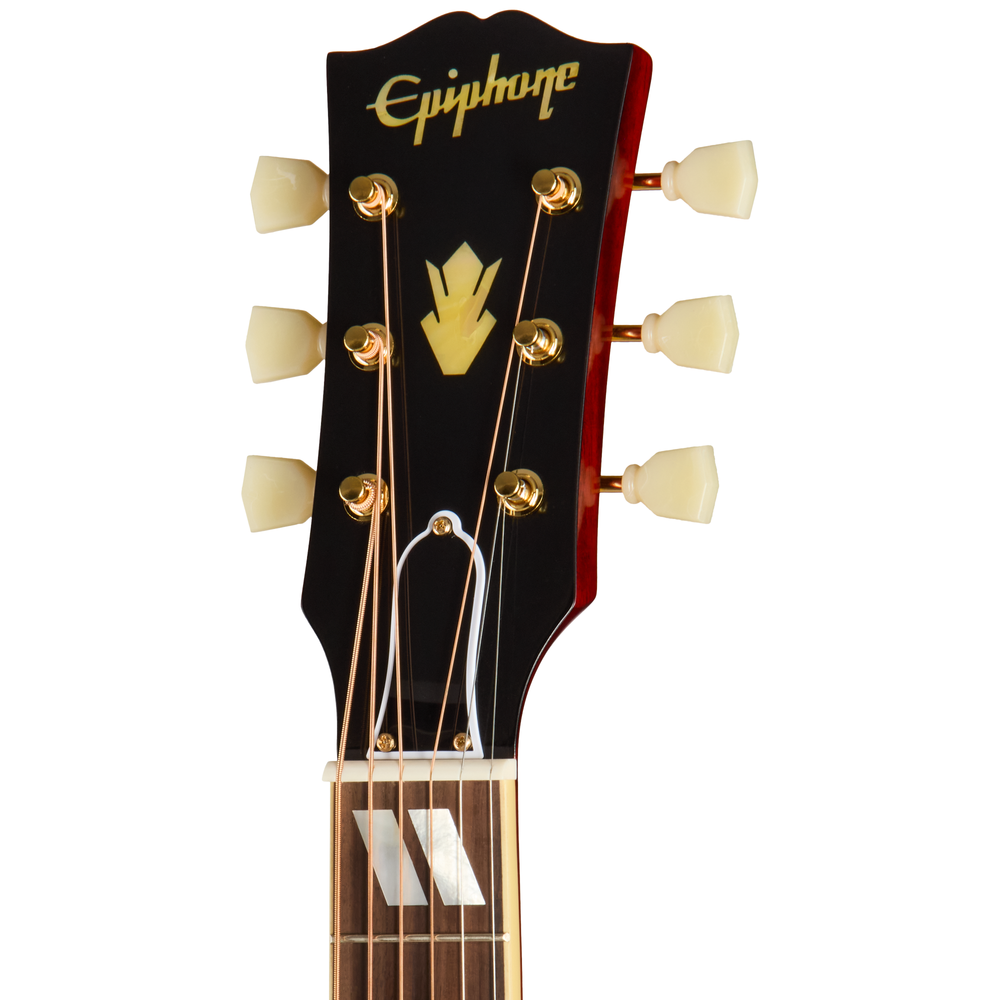 Epiphone 1960 Hummingbird acoustic guitar with Heritage Cherry Sunburst finish, showing body, pickguard, and rosewood fretboard.