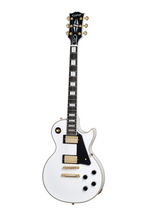 Electric guitar by Epiphone inspired by Gibson Les Paul Custom in Alpine White with gold hardware and classic design.