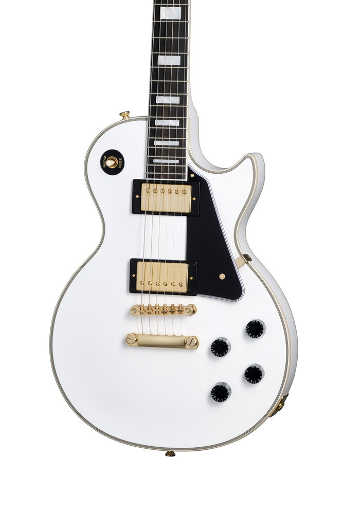 Electric guitar by Epiphone, Inspired By Gibson Les Paul Custom in Alpine White with gold hardware, glossy finish, and dual humbucker pickups.