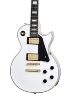 Electric guitar by Epiphone, Inspired By Gibson Les Paul Custom in Alpine White with gold hardware, glossy finish, and dual humbucker pickups.